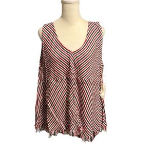 Linen blend rag top split back frayed red white and blue tank